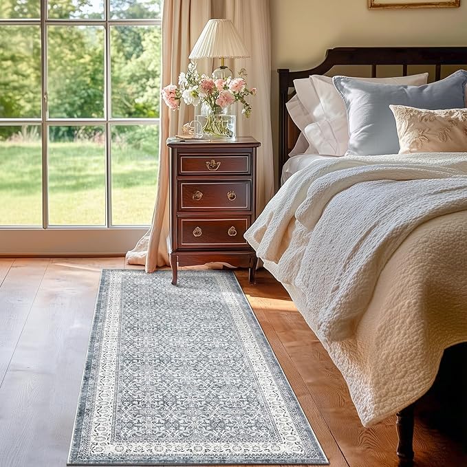 jinchan Runner Rug 2x6 - Machine Washable Grey Vintage Floral Distressed Design Soft Non-Slip Low-Pile Ultra-Thin Runner Rug for Kitchen Hallway Laundry Room Entryway Farmhouse (2‘x6',Grey)-BubblyBeeBaby
