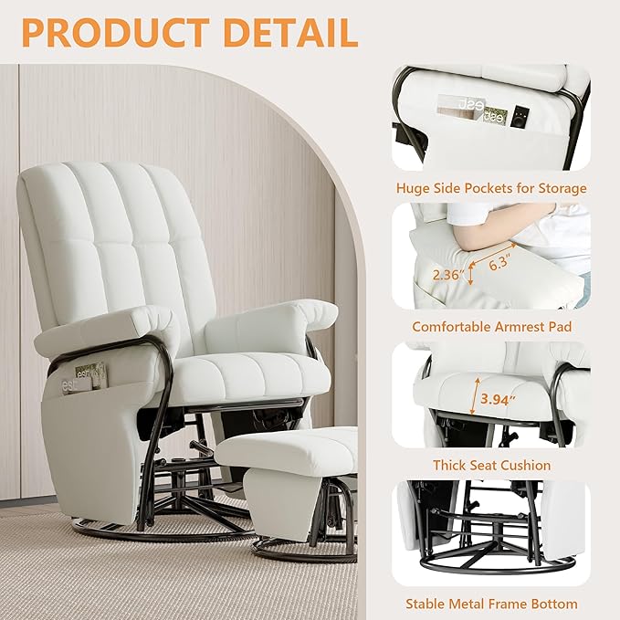 JIASTING 360° Swivel Leather Recliner Chair with Ottoman & Double Side Pockets, Nursing Glider Rocking Recliner Chair, Gliding Chairs for Nursery, Living Room, Office, Bedroom, Metal Frame (White)-BubblyBeeBaby