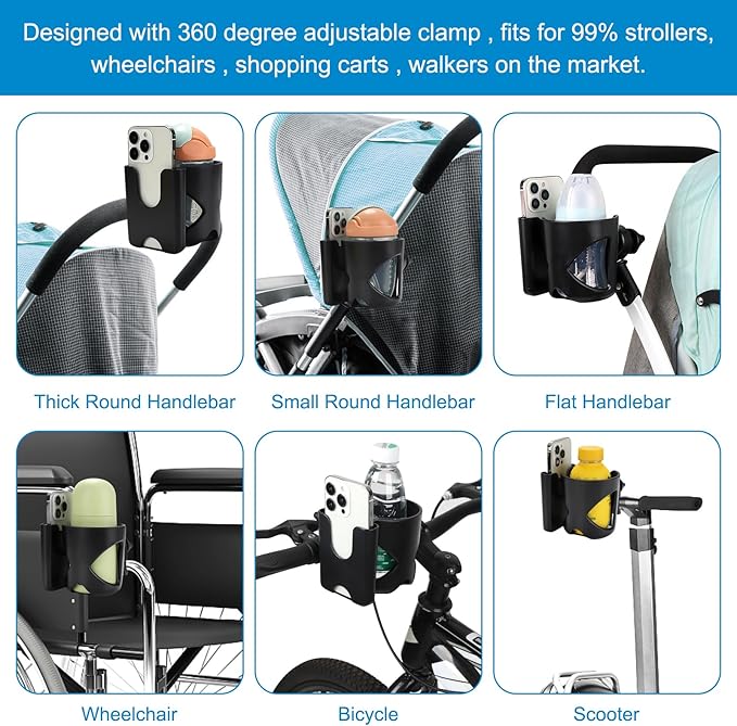 Accmor Universal Cup Holder, Stroller Cup Holder with Phone Holder, 360° Rotatable Large Caliber Designed Bottle Holder for Stroller, Bike, Wheelchair, Walker, Scooter-BubblyBeeBaby