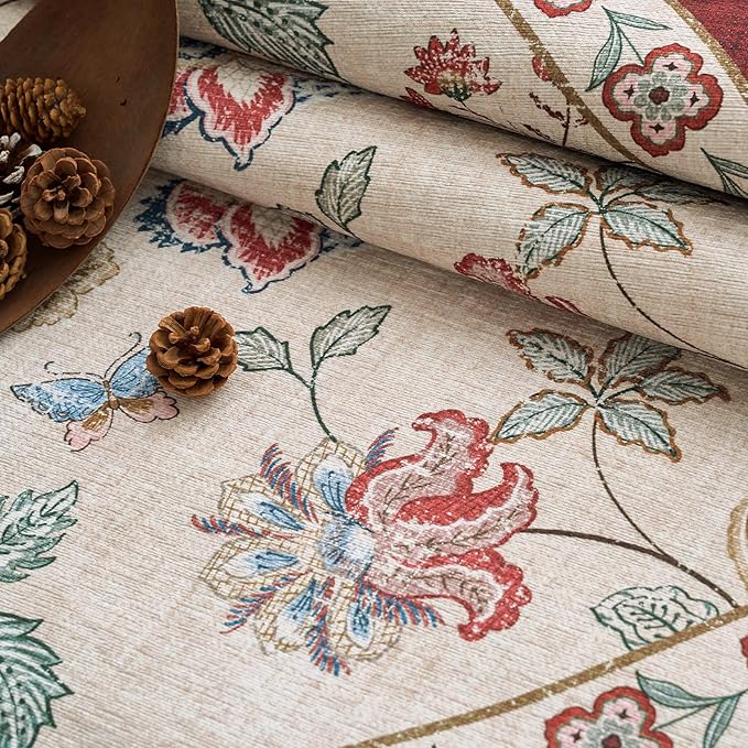 jinchan 3x10 Floral Runner Rug for Hallway Washable Kitchen Runner Vintage Romance Design Non Slip Thin Indoor Floor Cover Low-Profile Throw Carpet for Entryway Bathroom Bedroom Porch, Red/Beige-BubblyBeeBaby