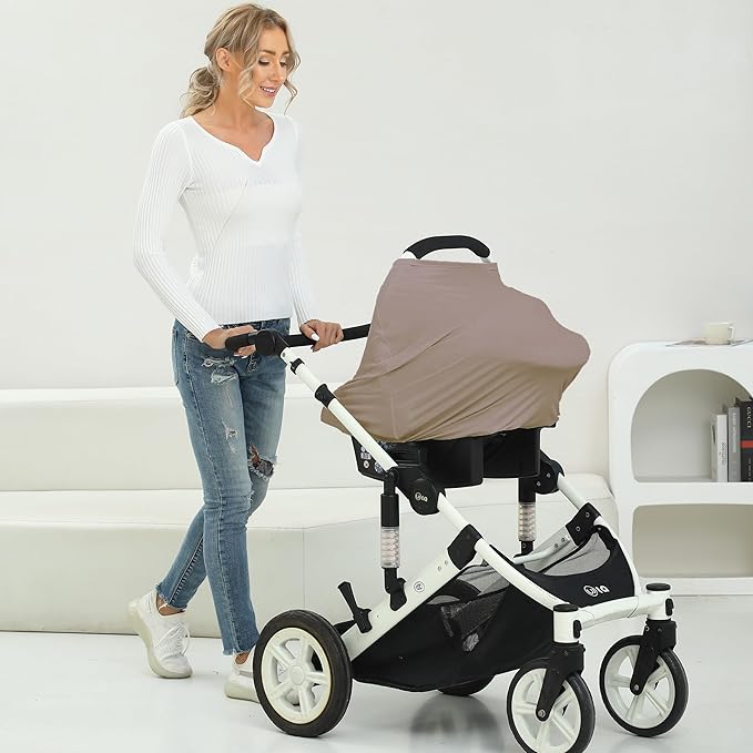 Breathable Car Seat Cover for Babies – Multi-Purpose Soft Rayon Nursing Cover for Breastfeeding, High Stretchy Infant Carseat Canopy, Stroller Cover (Smooth Rayon, Mocha Natural)-BubblyBeeBaby