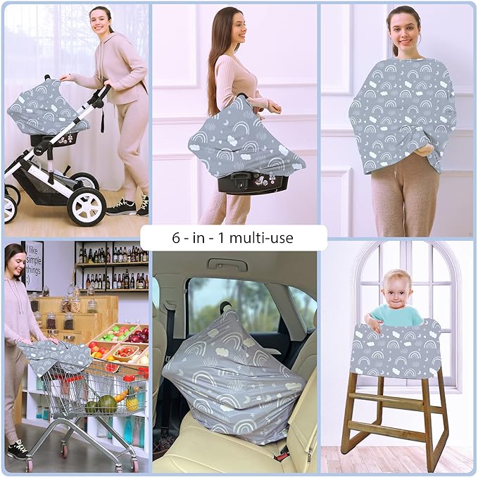 Car Seat Covers for Babies - Multi- use Nursing Carseat Canopy, Breastfeeding Covers, Baby Shower Gifts for Boys and Girls (Grey Rainbow)-BubblyBeeBaby