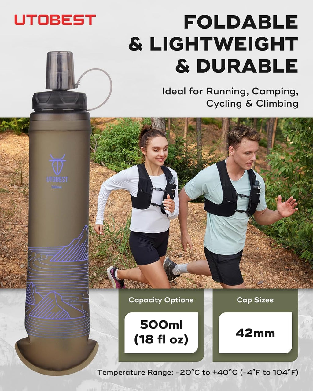 UTOBEST 500ml Soft Flask, 2 Pack Flexible TPU Hydration Water Bottle, Collapsible with 42mm Caliber for Running, Hiking, Cycling, Climbing, and Marathon Purple
