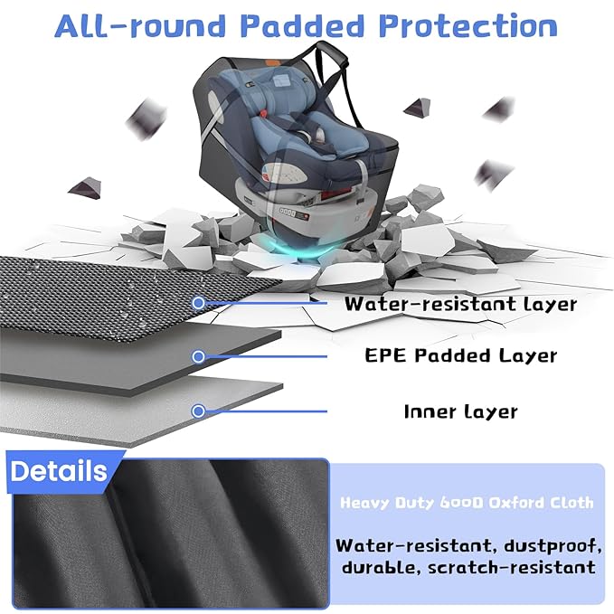 Infant Car Seat Travel Bag for Airplane Compatible with All Nuna Pipa Car Seat and Base,Chicco KeyFit 30 and Base, Padded Car Seat Bags for Air Travel,Car Seat Gate Check Bag with Side Pocket, Gray-BubblyBeeBaby