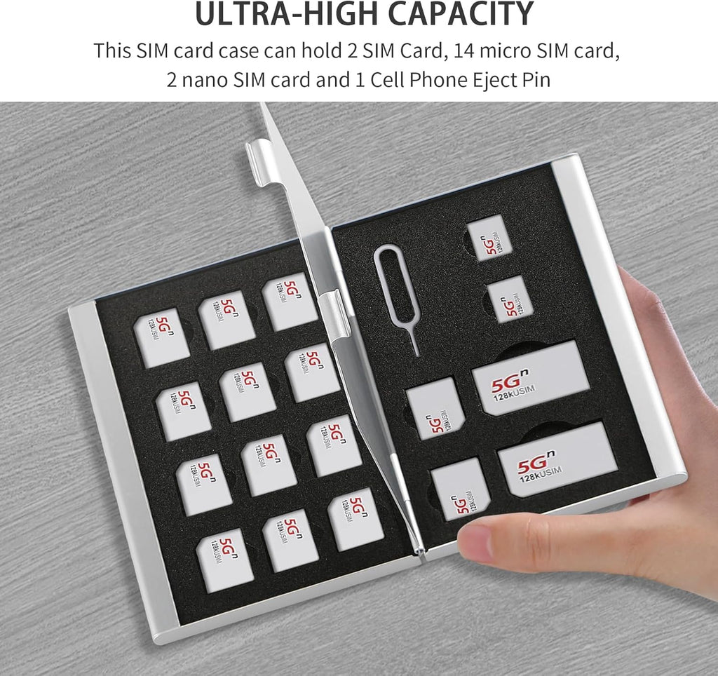 Aluminum SIM Card Case, 19Slots Ultrathin SIM Card Holder, Fit for 2 SIM Card, 14 Micro sim Card, 2 Nano sim Card and 1 Cell Phone Eject Pin Slots, Silver