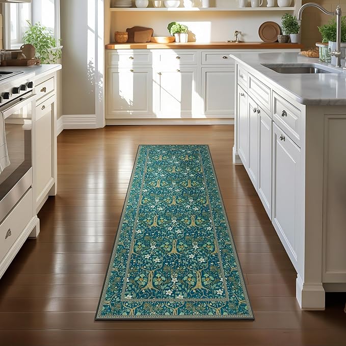 Joydeco Washable 2x6 Rug Runners for Hallways Non Slip, Boho Floral Bathroom Rug Runner, Soft Botanical Forest Indoor Floor Throw Carpet for Kitchen Laundry Room Entryway, Dark Blue-BubblyBeeBaby