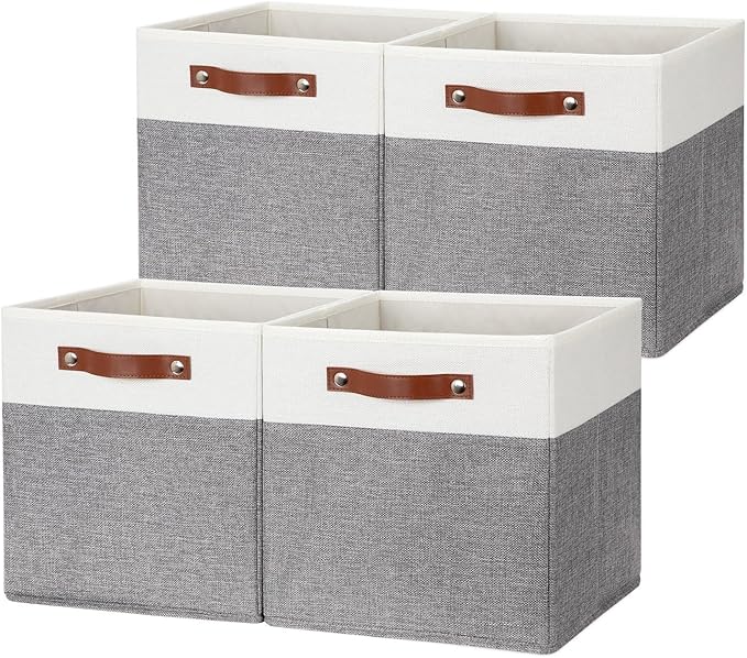 HNZIGE Fabric Storage Cubes 12x12 Cube Storage Bins, Set of 4, Decorative Cube Organizers Bins for Shelves with Handles,Foldable Bins for Cube Organizer Home Toy Nursery Closet(White Gray)-BubblyBeeBaby
