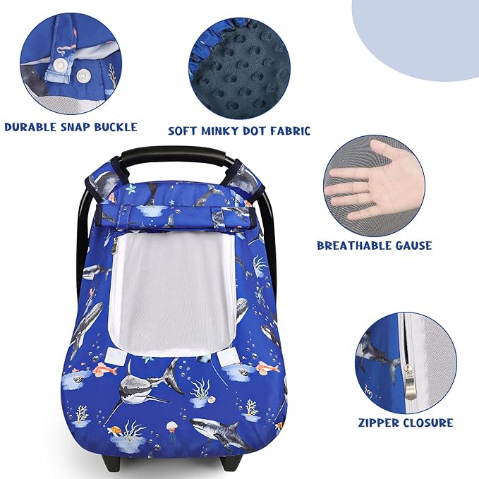 Pea Pod Car Seat Cover Baby, Infant Car Seat Canopy Covers for Newborn with 2 Layers Windows of Breathable Mesh Fabric, Lightweight Polyester/Soft Minky Dot Backing (Ocean)-BubblyBeeBaby