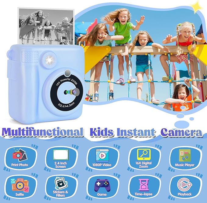 Instant Print Camera for Kids - 2.4 Inch Kids Camera Instant Print with Paper & 32G Card- Digital Children Toys as Christams Birthday Gifts for Girls Boys Age 3-12 - Blue-BubblyBeeBaby