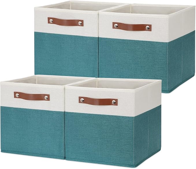 HNZIGE Fabric Storage Cube Bins Baskets for Organizing, 11 inch Cube Storage Bins, Set of 4, Collapsible Storage Bin with Handles, Closet Organizers and Storage Home Toy Nursery Bedroom(White Teal)-BubblyBeeBaby