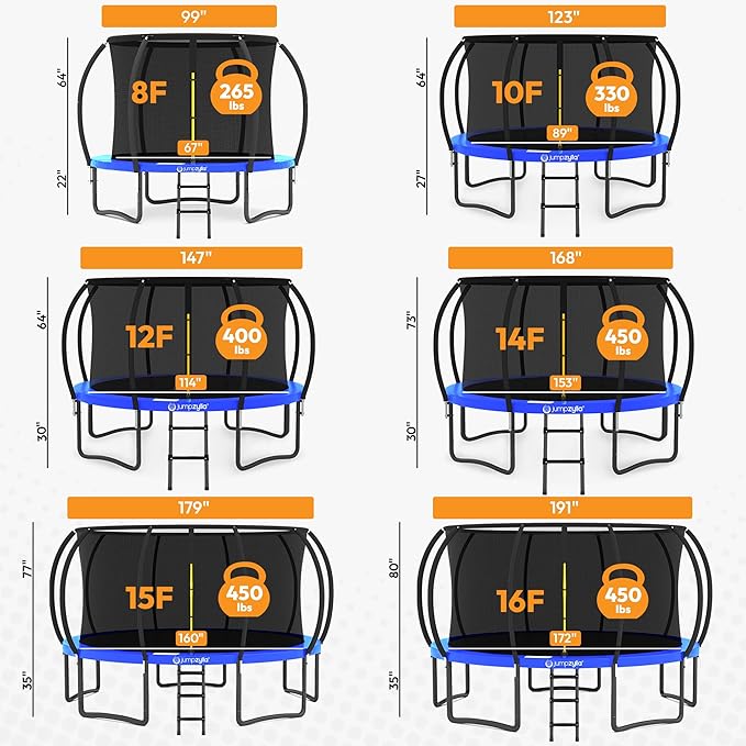 JUMPZYLLA Trampoline Outdoor 8FT 10FT 12FT 14FT 15FT 16FT with Enclosure and Ladder, ASTM Approved Recreational Trampoline for Kids and Adults, Anti-Rust Coated Frame-BubblyBeeBaby