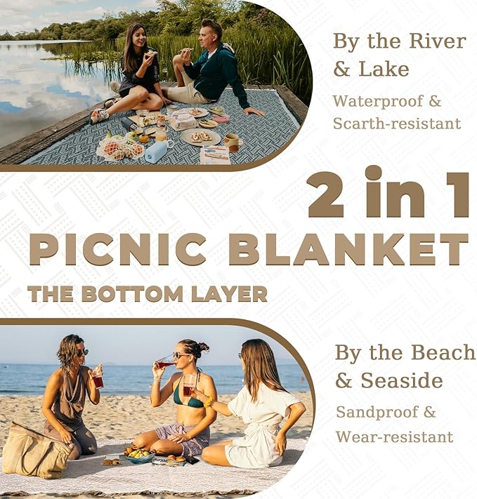 2 in 1 Extra Large 80"* 80" Rug Picnic Waterproof Outdoor Beach Blanket Foldable Camping Mat Car Travel Necessities Mountaineering Essentials Camper Accessories Backpacking Gear Trip Supplies-BubblyBeeBaby