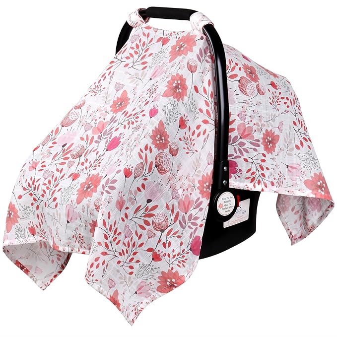 Rquite Muslin Car Seat Cover Baby, Carseat Covers Baby Girl Boy, Breathable Lightweight Infant Car Seat Cover, Baby Carrier Cover Car Seat Canopy Stroller Sun Shade for Summer & Hot Day, Universal Fit-BubblyBeeBaby