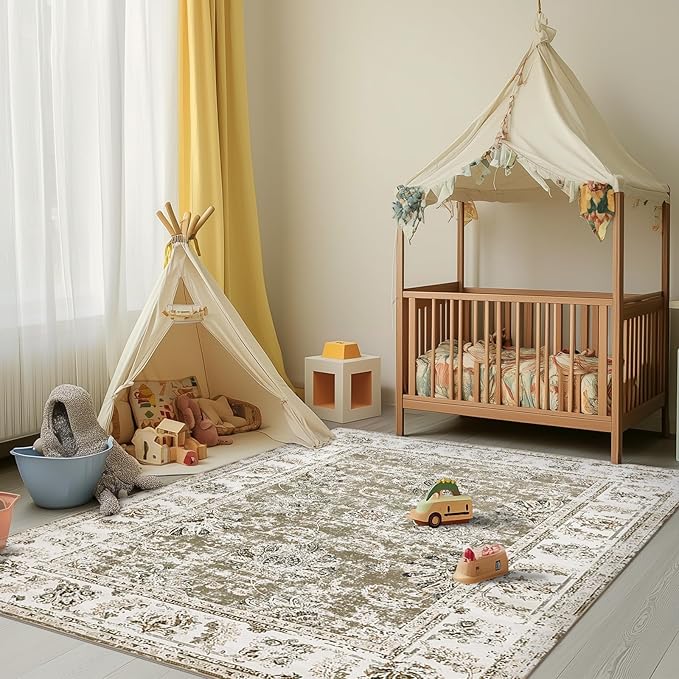 jinchan Washable Area Rug 4x6 Ultra-Thin Low Pile Non Slip Stain Resistant Soft Faux Wool Floral Rug Distressed Boho Vintage Carpet for Bedroom,Living Room,Dining Room,Kitchen,Nursery(Taupe, 4' x 6')-BubblyBeeBaby