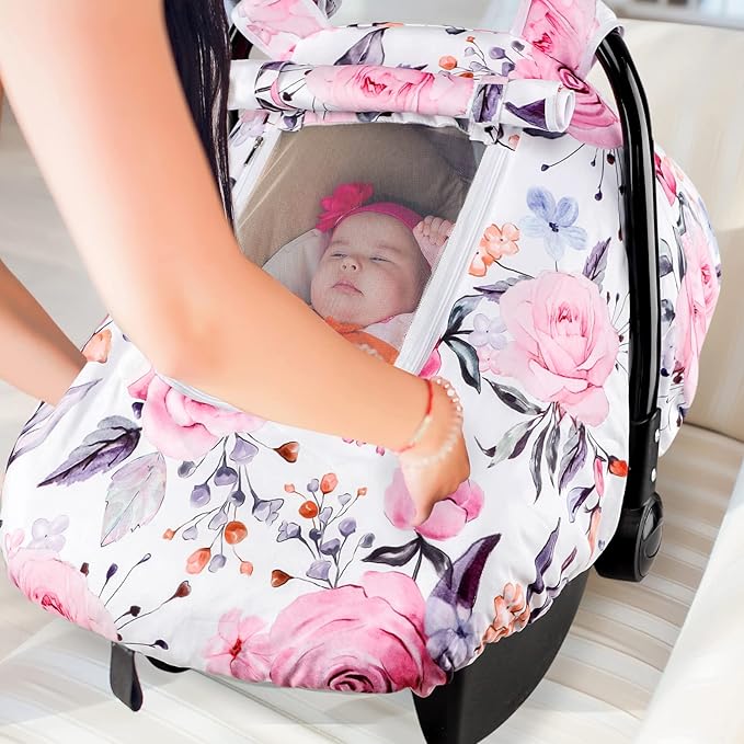 Floral Baby Carseat Cover Girls, Pea Pod Infant Car Seat Covers Canopy for Newborn with 2 Layers Windows of Breathable Mesh/Fabric, Lightweight Polyester/Minky Dot Backing, Snug Fit Most Baby Car Seat-BubblyBeeBaby