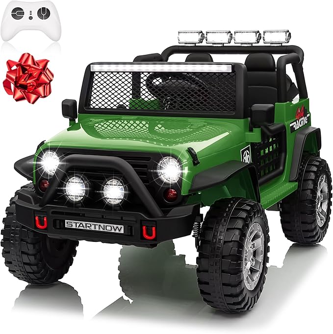 24V 4WD Ride on Truck Car w/800W Motors, Gift Flower, Remote Control, 2 Seaters, Light Bar, 3 Speeds, Pop Music, Power Four Wheels, 24 Volt Ride on Toy Car for Big Kids, Green-BubblyBeeBaby