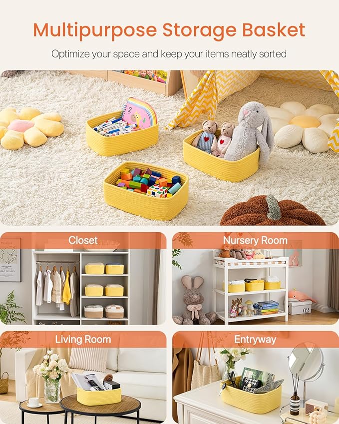 KALLAX Small Woven Basket, 12 x 8 x 4.5 Inches, Storage Basket for Organizing, Cute Small Rope Shelf Closet Cube Storage Bins Baskets for Shelves, Dog Toy Gift Baskets Empty, 3 Pack Yellow-BubblyBeeBaby