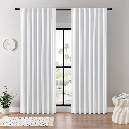 Joydeco Faux Linen Blackout Curtains for Bedroom,White Blackout Curtains 90 inches Long,100% Blackout Solid Thermal Insulated Window Drapes Luxury Decor for Living Room（W52xL90 Inch,White）-BubblyBeeBaby