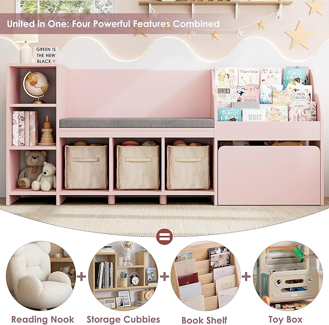 HOSTACK 67" Kids Reading Nook with Bench, Kids Bookshelf and Bookcase with Seat Cushion and 6 Storage Cubbies, Toy Storage Box on Wheels, Toy Chest for Playroom, Bedroom, School, Pink-BubblyBeeBaby
