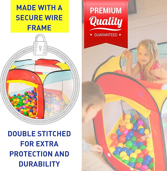 Kids Ball Pit Pop Up Large Tent for Toddlers - Indoor & Outdoor Gift Toys for Infants Girls & Boys, Baby Playpen with Zippered Storage Bag, 200 BallPit Balls Included-BubblyBeeBaby