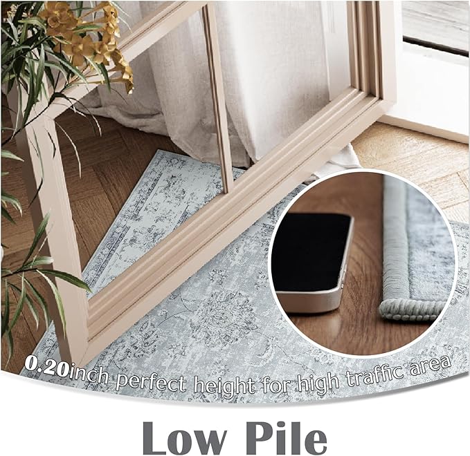 jinchan Washable Area Rug 8x10 for Living Room Soft Faux Wool Ultra-Thin Stain Resistant Non-Slip Distressed Vintage Floral Large Carpet for Bedroom,Dining Room,Home Office,Nursery(Grey, 8'x10')-BubblyBeeBaby