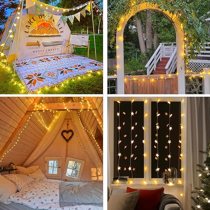 120 LED 40FT Star String Lights, 8 Modes Plug in Star Lights with Timer & Memory, Indoor Outdoor Christmas Twinkle Light for Birthday Party Bedroom Wedding Home Classrom Decor Warm White-BubblyBeeBaby