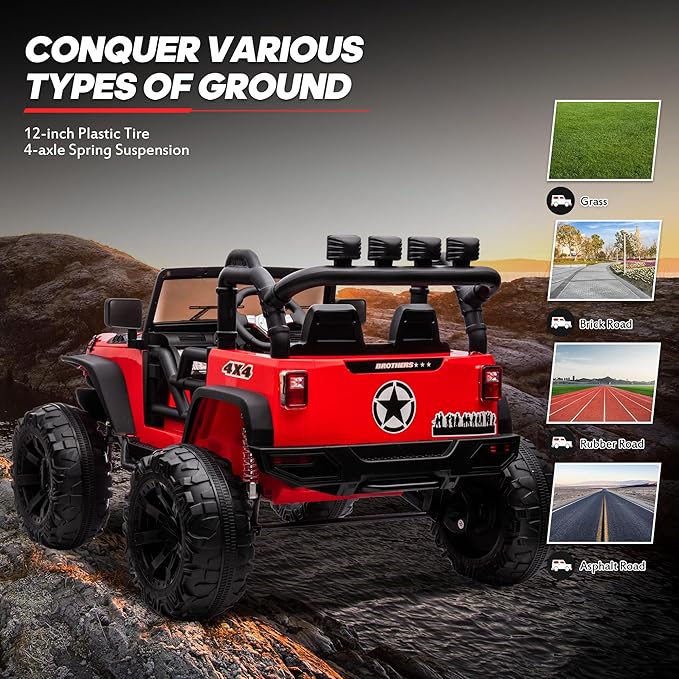 24V 9Ah Ride on Toy for Big Kids, 4x4 2 Seater Ride on Car Truck w/Remote Control, 4x200W Motors - Bright Red-BubblyBeeBaby