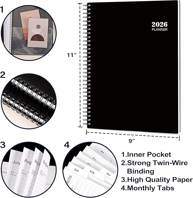 2026 Planner - 9” × 11”, 2026 Weekly and Monthly Planner, from JAN. 2026 to DEC. 2026, Inner Pocket, Premium Paper, Twin-wire Binding, Make Your Life Productive - Black-BubblyBeeBaby