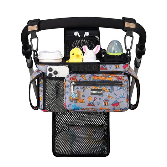 TOPDesign Universal Baby Stroller Organizer, Stroller Caddy with Detachable Mesh Bag & Heightened Insulated Cup Holders & Non-Slip Secure Hooks Accessories, Fits Most Strollers (Construction Trucks)-BubblyBeeBaby