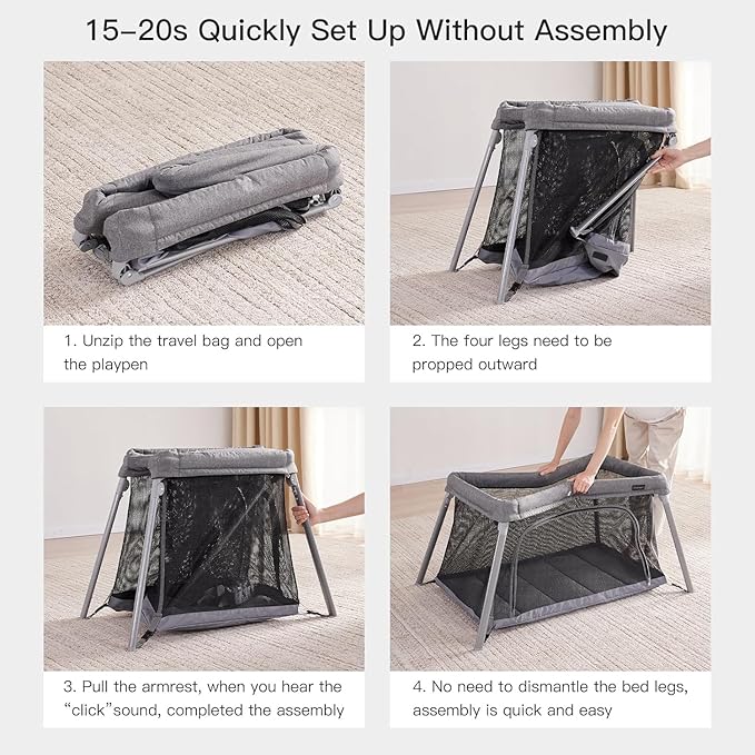 2 in 1 Portable Travel Crib for Toddler, Foldable Crib for Baby, Lightweight Playpen Collapsible Playard with Soft Mattress, Easy to Carry Baby Travel Bed for Outdoor, Indoor (Grey)-BubblyBeeBaby