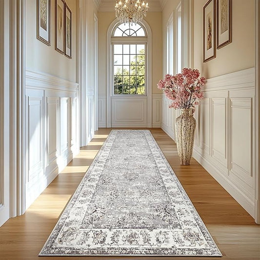 jinchan Long Hallway Runner Rug 2x12 Machine Washable Runner Rug Grey Vintage Floral Design Non-Slip Ultra-Thin for Kitchen Laundry Room Bedroom Farmhouse (2‘x12',Grey)-BubblyBeeBaby
