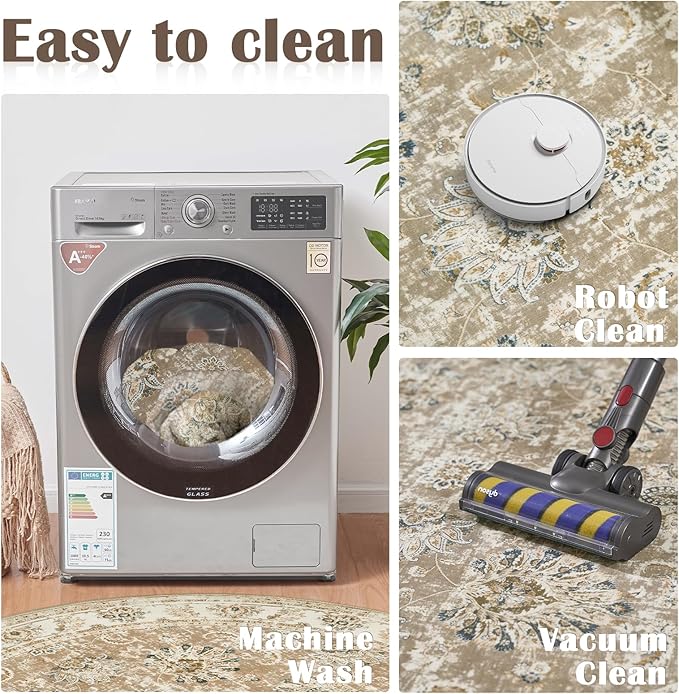 jinchan Round Rug 5ft Area Rug - Indoor Vintage Hallway Circle 5' Washable - Ultra-Thin Low Pile Soft Small Non Slip Distressed Floral Print for Living Room Dining Room Bedroom Entryway Taupe-BubblyBeeBaby