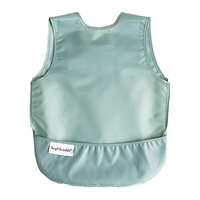 Tiny Twinkle Mess Proof Baby Bib - Waterproof & Lightweight Baby-Led Weaning Apron | 100% Recycled Polyester, Easy Clean & Machine Washable (Sage Green, Small 6-24 Months)-BubblyBeeBaby