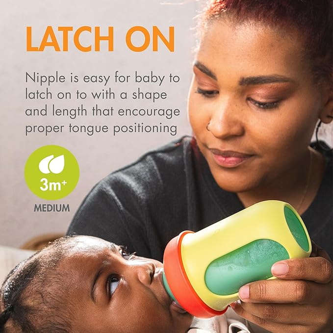 Boon Nursh Reusable Silicone Pouch Baby Bottles - Medium Flow Nipple - Silicone Baby Bottle Pouch and Nipple - Baby Feeding Essentials - Color Block - 3-6 Months - 3 Count - 8 Ounce-BubblyBeeBaby