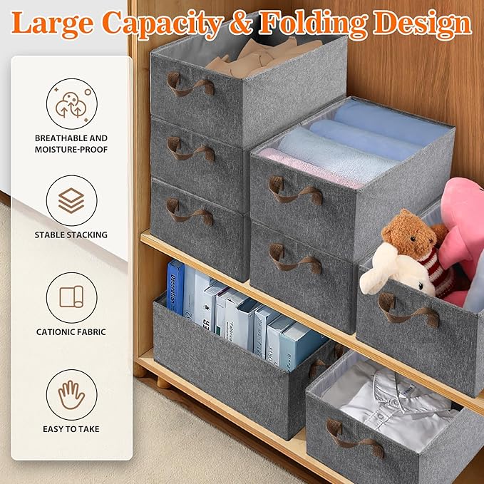 10 Pack Large Capacity Storage Bins, 25L Fabric Closet Organizer With Handles, Collapsible Baskets for Shelves, Clothing, Sheets, Books, Toys (Gray)-BubblyBeeBaby