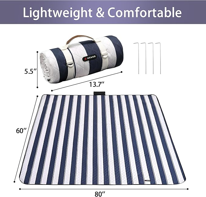 HX&OD Outdoor Picnic Blanket Extra Large, 80''*60'' Waterproof Picnic Mat with Stakes Foldable Camping Blanket Portable with Carry Strap for Beach Mat (Green& White, 80''*60'')-BubblyBeeBaby
