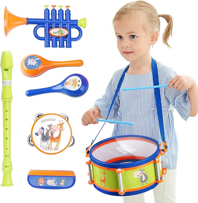 iPlay, iLearn Toddler Musical Instruments Toys, Kids Drum Set, Baby Trumpet, Percussion, Harmonica, Maraca, Flute, Tambourine, Birthday Gifts for 18 Months Olds Ages 2 3 4 5 Years Boys Girls Children-BubblyBeeBaby
