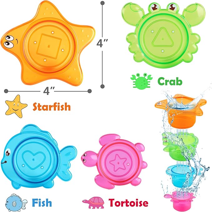 iPlay, iLearn Baby Bath Toys w/ Organizer, Water Squirting Octopus, Wind Up Swimming Turtle, Bathtub & Shower, Stacking Cups, Gift for 6, 9, 12, 18 Months 1, 2, 3 Years, Toddlers, Girls, Boys & Kids-BubblyBeeBaby