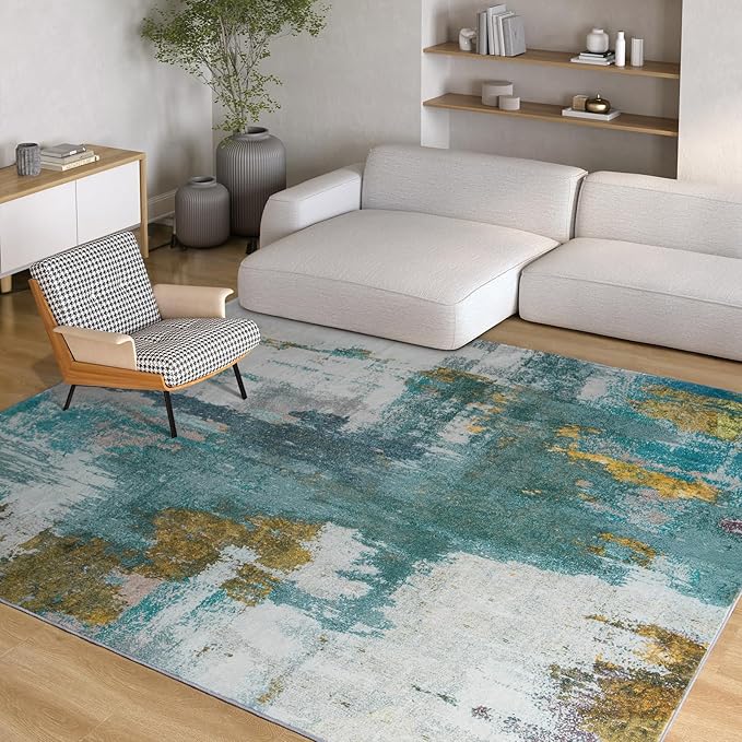 Kelarea 5x7 Blue Rugs for Living Room, Washable Non-Slip Large Rug Abstract Stain Resistant Carpet, Low Pile Soft Indoor Rug for Bedroom, Dining Room, Nursery, Kitchen, Home Office-BubblyBeeBaby