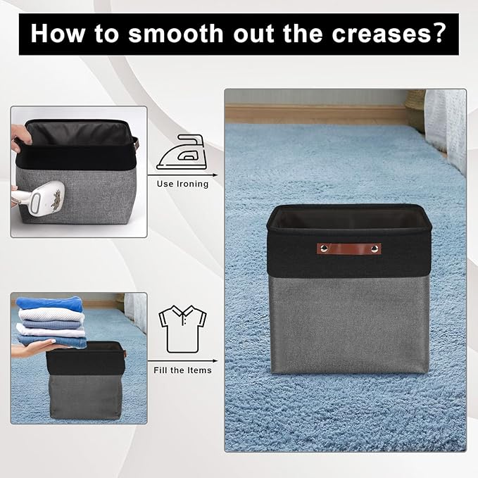 13x13 Cube Storage Bins, Collapsible Fabric Storage Box, 4 Pack Closet Baskets with Handles for Organizing, Shelf, Toys, Clothes, Home, Office, Nursery (Grey&Black)-BubblyBeeBaby