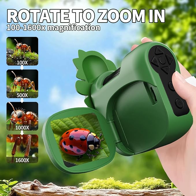 1600X Handheld Microscope for Kids 2" IPS Screen Kit Mini Pocket Digital Microscopes STEM Science with Slides Photo Video Rechargeable Portable Scope Gift for Ages 6-12 (Green)-BubblyBeeBaby