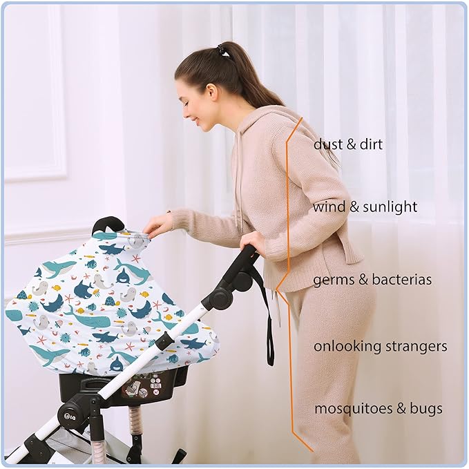 Car Seat Covers for Babies - Multi- use Nursing Carseat Canopy, Breastfeeding Covers, Baby Shower Gifts for Boys and Girls (sea World)-BubblyBeeBaby