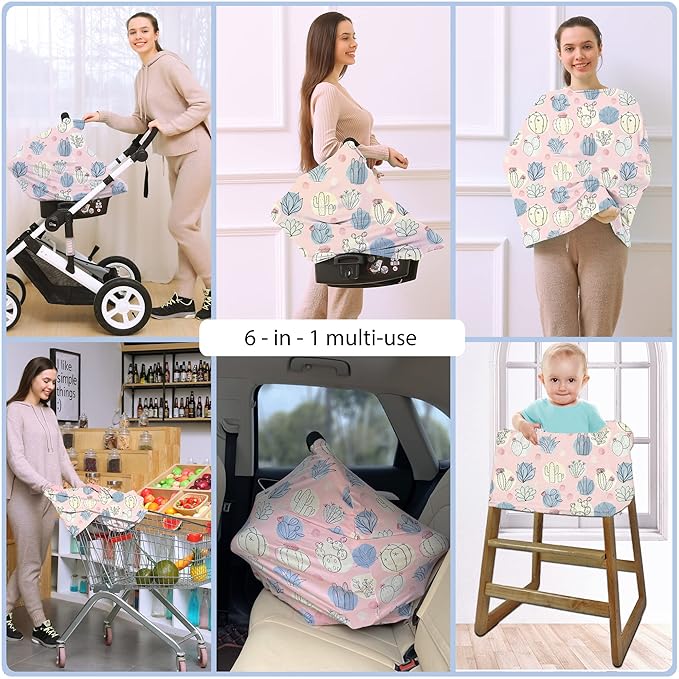 Car Seat Covers for Babies - Multi- use Nursing Carseat Canopy, Breastfeeding Covers, Baby Shower Gifts for Boys and Girls (Cactus)-BubblyBeeBaby