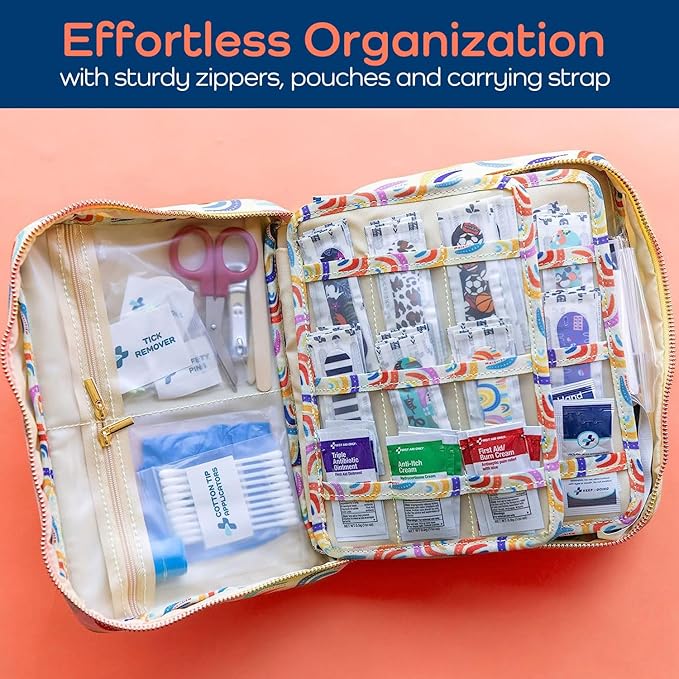 KeepGoing Large Home First Aid Kit for Kids – 270 Pc. for Car, Home, Dorm, & Boat with Latex-Free Bandages – 10 x 7 x 3.5 in. Travel First Aid Kit (Sunny Rainbow)-BubblyBeeBaby