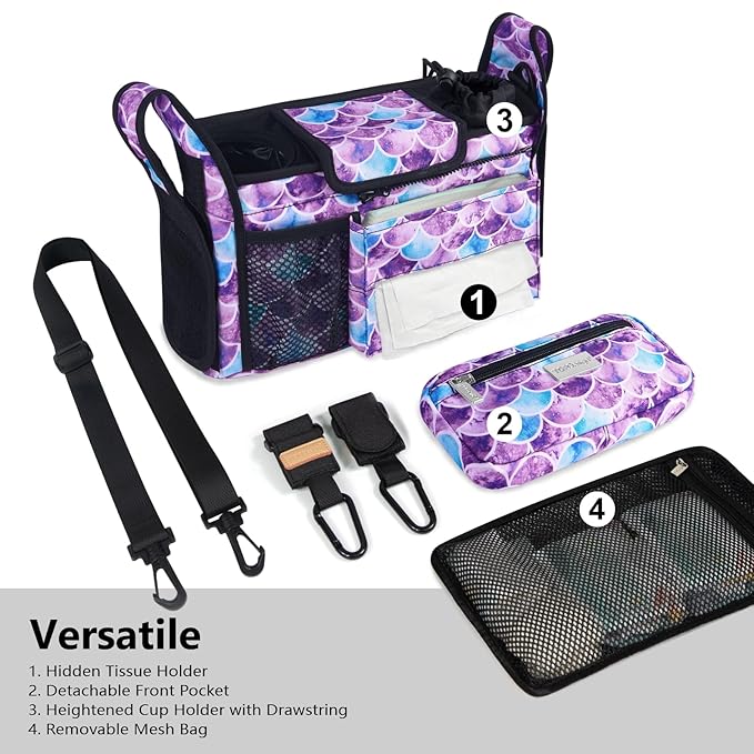 TOPDesign Universal Baby Stroller Organizer, Stroller Caddy with Detachable Mesh Bag & Heightened Insulated Cup Holders & Non-Slip Secure Hooks Accessories, Fits Most Strollers (Mermaid)-BubblyBeeBaby