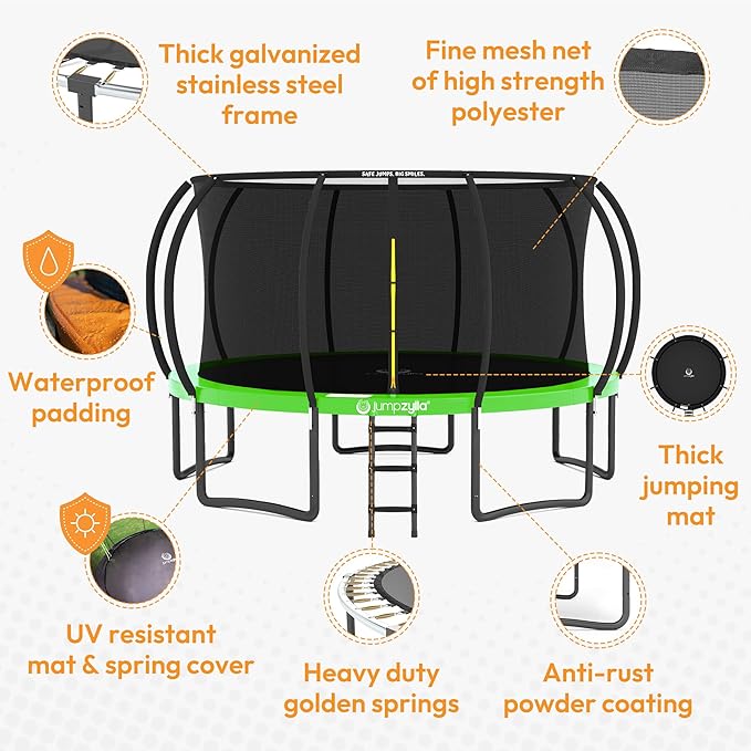 JUMPZYLLA Trampoline Outdoor 8FT 10FT 12FT 14FT 15FT 16FT with Enclosure and Ladder, ASTM Approved Recreational Trampoline for Kids and Adults, Anti-Rust Coated Frame-BubblyBeeBaby