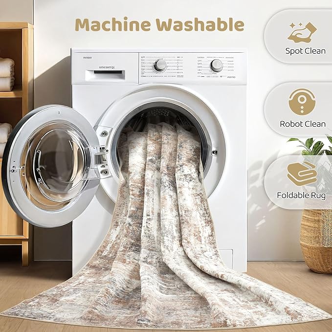 10x14 Area Rugs Living Room: Washable Large Abstract Modern Soft Rug Stain Resistant Indoor Floor Non Slip Accent Carpet for Bedroom Nursery Playroom Office Dining Room Dorm Home House- Brown-BubblyBeeBaby