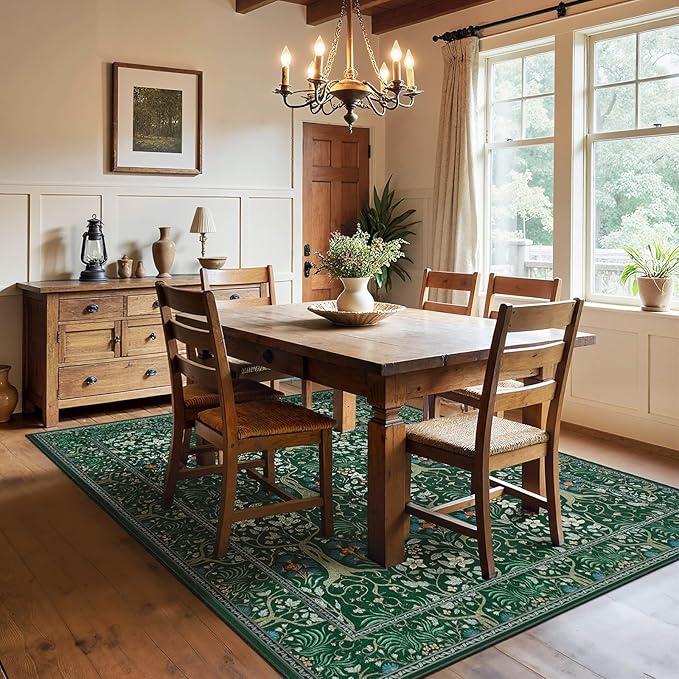 Joydeco Floral 5x7 Area Rugs for Living Room, Boho Dark Green Washable Rug Non Slip, Soft Low-Pile Botanical Forest Indoor Floor Throw Carpet for Office Dining Table Playroom Dorm-BubblyBeeBaby