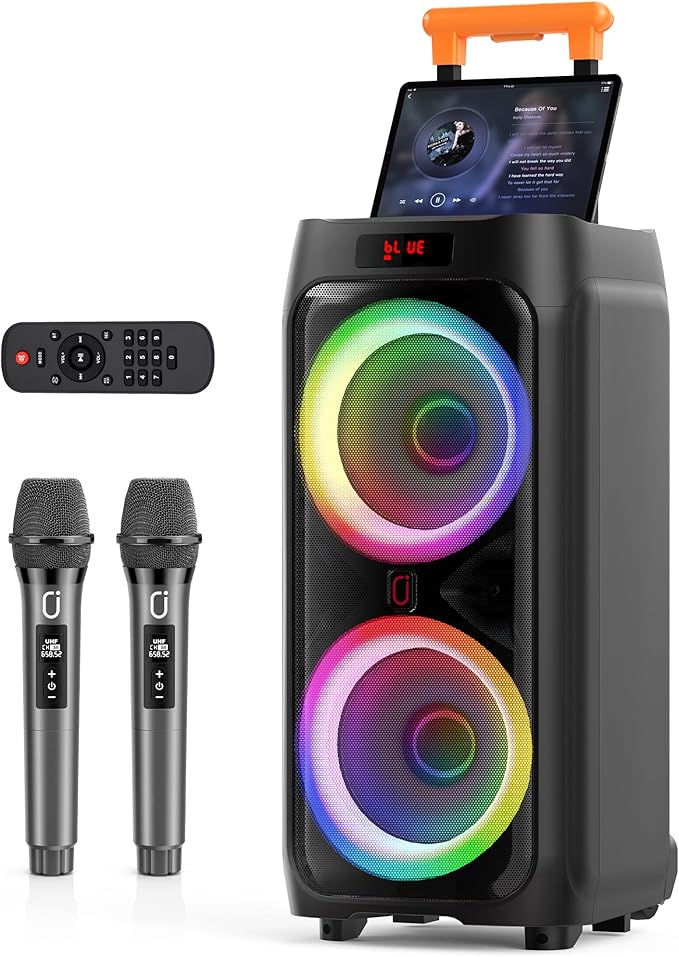 JYX Karaoke Machine with 2 Wireless Microphones for Adults, 8" Big Bluetooth Party Speaker with 500W Peak Power, PA System with LED Disco Light, Rolling Wheels and Trolley, Perfect for Outdoor Home-BubblyBeeBaby