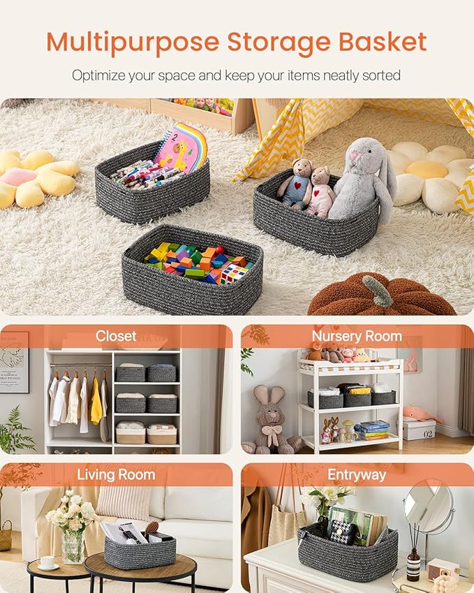 KALLAX Small Woven Basket, 13.5 x 9.5 x 5 Inches, Storage Basket for Organizing, Cute Small Rope Shelf Closet Cube Storage Bins Baskets for Shelves, Dog Toy Gift Baskets Empty, 3 Pack Mixed Black-BubblyBeeBaby